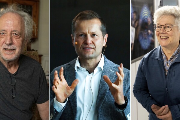 This combo of pictures taken Tuesday, Oct. 3, 2023, shows from left, French scientist Pierre Agostini posing in his apartment in Paris, Scientist Ferenc Krausz speaking during a presentation at the Max-Plank-Institute of Quantum Optics in Munich, and French-Swedish physicist Anne L'Huillier talking to journalists at Lund University, Sweden. The three scientists won the Nobel Prize in physics on Tuesday for studying how electrons zip around the atom in the tiniest fractions of seconds, a field that could one day lead to better electronics or disease diagnoses. (AP Photo/Michel Euler, Matthias Schrader and Ola Torkelsson/TT News Agency via AP)