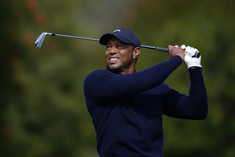 Tiger Woods tees off on the fourth hole during the second round of the Genesis Invitational golf tournament at Riviera Country Club Friday, Feb. 16, 2024, in the Pacific Palisades area of Los Angeles. (AP Photo/Ryan Sun)