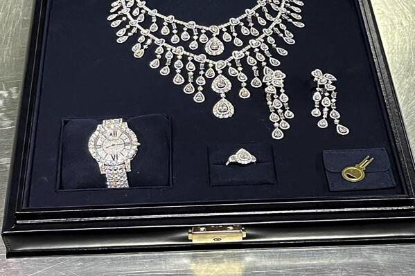 This photo provided by Brazil’s Federal Revenue Department shows jewelry seized by customs authorities at Guarulhos International Airport in Sao Paulo, Brazil, the week of March 24, 2023. The jewelry is part of an investigation into gifts received by former Brazilian President Jail Bolsonaro during his presidency. (Brazil's Federal Revenue Department via AP)