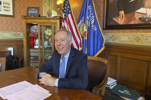Wisconsin Assembly Speaker Robin Vos speaks during an interview with The Associated Press at the state Capitol in Madison, Wis., on Wednesday, Dec. 20, 2023. Vos said Republicans plan to introduce a bill in January to legalize medical marijuana in the state. (AP Photo/Harm Venhuizen)