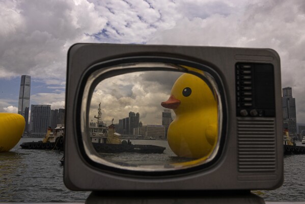 An art installation called "Double Ducks" by Dutch artist Florentijn Hofman is viewed through a prop at Victoria Harbor in Hong Kong, on June 9, 2023. The two giant inflatable ducks marked the return of a pop-art project that sparked a frenzy in the city a decade ago. (AP Photo/Louise Delmotte)
