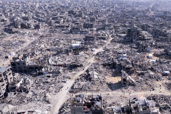 an aerial photograph taken by a drone shows the destruction caused by the israeli air and ground offensive in jabaliya, gaza strip, wednesday, jan. 29, 2025. (ap photo/mohammad abu samra)