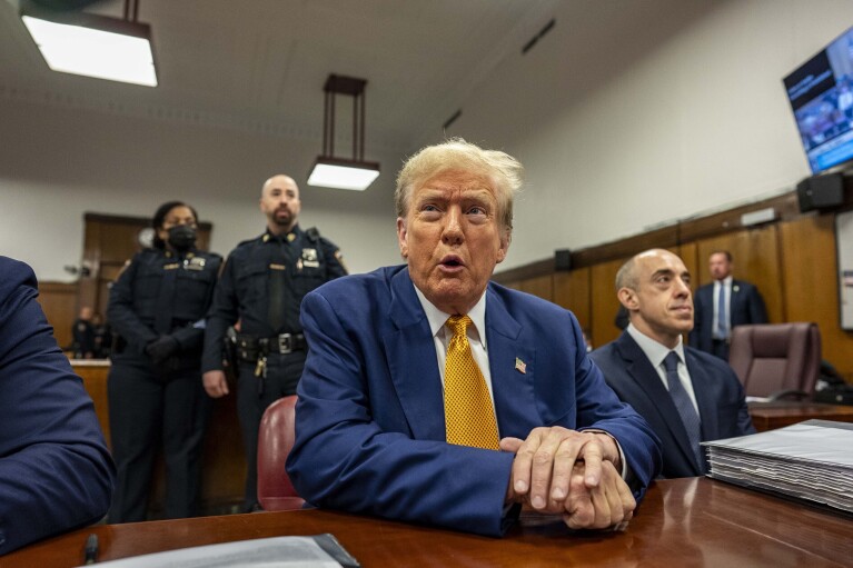 Former President Donald Trump inside Manhattan Criminal Court, Thursday, May 2 2024. (Mark Peterson/Pool Photo via AP)