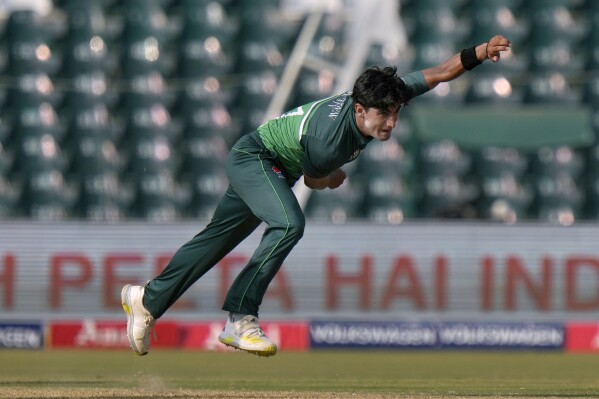 Pakistan's Naseem Shah bowls during the Asia Cup cricket match between Pakistan and Bangladesh in Lahore, Pakistan, Wednesday, Sept. 6, 2023. (AP Photo/K.M. Chaudary)