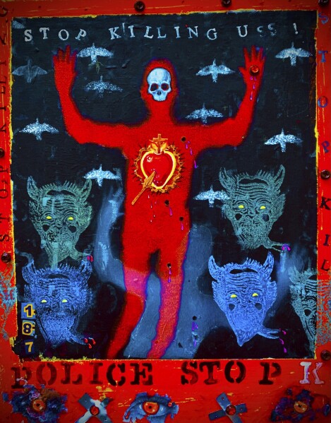 This painting by Diego Marcial Rios was one of two taken down in July 2023 from display in San Mateo, Calif.'s city hall. Rios was chosen to show 20 paintings in a gallery inside San Mateo City Hall this summer. He installed the collection, titled “Out of Covid and into the Fire," on July 18. The next day, a city official said there were complaints involving two of the 10x10 inch (25x25 centimeter) paintings. Rios offered to swap them out. (Diego Marcial Rios via AP)