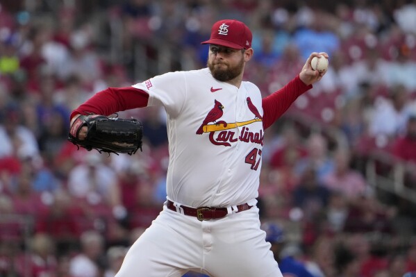 St. Louis Cardinals starting pitcher Jordan Montgomery throws during the first inning of a baseball game against the Chicago Cubs Friday, July 28, 2023, in St. Louis. (AP Photo/Jeff Roberson)
