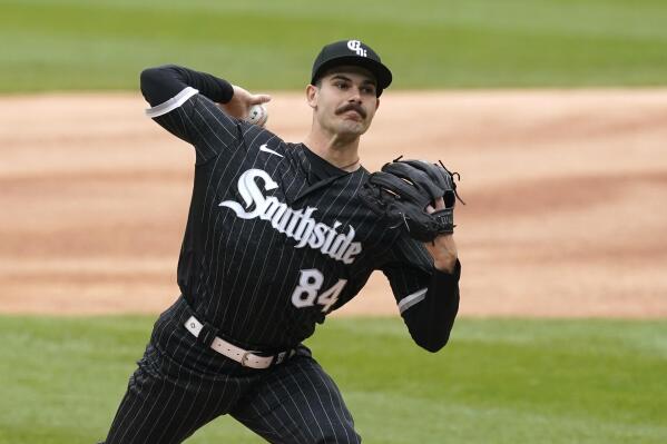Chicago White Sox starting pitcher Dylan Cease delivers during the first inning of a baseball game against the Los Angeles Angels, Monday, May 2, 2022, in Chicago. (AP Photo/Charles Rex Arbogast)