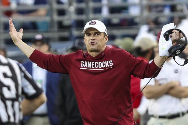 South Carolina head coach Shane Beamer reacts to a call during the second quarter of the Gator Bowl NCAA college football game against Notre Dame on Friday, Dec. 30, 2022, in Jacksonville, Fla. (AP Photo/Gary McCullough)