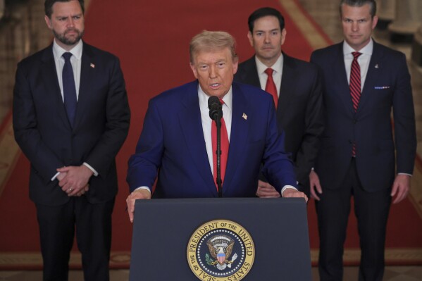 President Donald Trump speaks from the East Room of the White House in Washington, Saturday, June 21, 2025, after the U.S. military struck three Iranian nuclear and military sites, directly joining Israel's effort to decapitate the country's nuclear program, as Vice President JD Vance, Secretary of State Marco Rubio and Defense Secretary Pete Hegseth listen. (Carlos Barria/Pool via AP)