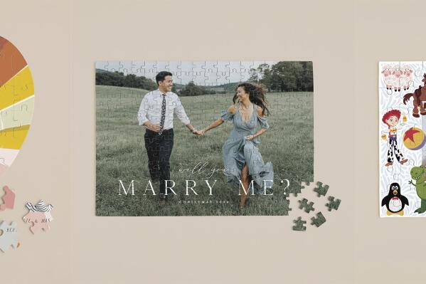 This combination of images shows a variety of personalized puzzles offered by Minted. There are square and heart-shaped layouts, and you can pick black & white or color reproductions. It’s a nice way to celebrate family moments. (Minted via AP)