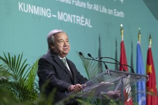 Secretary-General of the United Nations Antonio Guterres delivers remarks during the opening ceremony of COP15, the U.N. Biodiversity Conference in Montreal, on Tuesday, Dec. 6, 2022. (Paul Chiasson/The Canadian Press via AP)