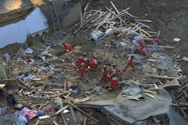 In this aerial photo released by Xinhua News Agency, rescuers search a collapsed building in Caotan village of Minhe Hui and Tu Autonomous County in Haidong City, northwestern China's Qinghai Province on Tuesday, Dec. 19, 2023. An overnight earthquake killed multiple people in a cold and mountainous region in northwestern China, the country's state media reported Tuesday.(Zhang Hongxiang/Xinhua via AP)