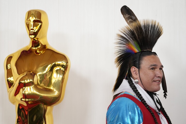 Osage singer and dancer arrives at the Oscars on Sunday, March 10, 2024, at the Dolby Theatre in Los Angeles. (AP Photo/Ashley Landis)