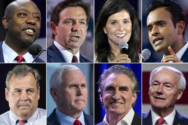 This combination of photos shows Republican presidential candidates, top row from left, Sen. Tim Scott, R-S.C., Florida Gov. Ron DeSantis, former South Carolina Gov. Nikki Haley, and Vivek Ramaswamy, bottom row from left, former New Jersey Gov. Chris Christie, former Vice President Mike Pence, North Dakota Gov. Doug Burgum and Governor Asa Hutchinson. (AP Photo)