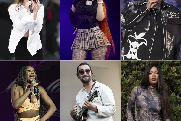 This combination of photos shows 6 of the seven Grammy nominees for best new artist, top row from left, Gracie Abrams, Ice Spice, Jelly Roll, bottom row from left, Coco Jones, Noah Kahan and Victoria Monet. (AP Photo)