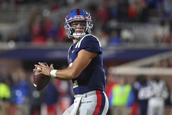 Mississippi quarterback Matt Corral (2) looks to pass during the first half of an NCAA college football game against Vanderbilt in Oxford, Miss., Saturday, Nov. 20, 2021. (AP Photo/Thomas Graning)