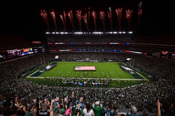 Fireworks explode before an NFL football game between the Philadelphia Eagles and the Minnesota Vikings on Thursday, Sept. 14, 2023, in Philadelphia. (AP Photo/Derik Hamilton)