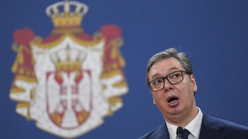 Serbian President Aleksandar Vucic speaks during a press conference after talks with his Cuban counterpart Miguel Diaz-Canel at the Serbia Palace in Belgrade, Serbia, Wednesday, June 21, 2023. Diaz-Canel is on a two-day official visit to Serbia. (AP Photo/Darko Vojinovic)