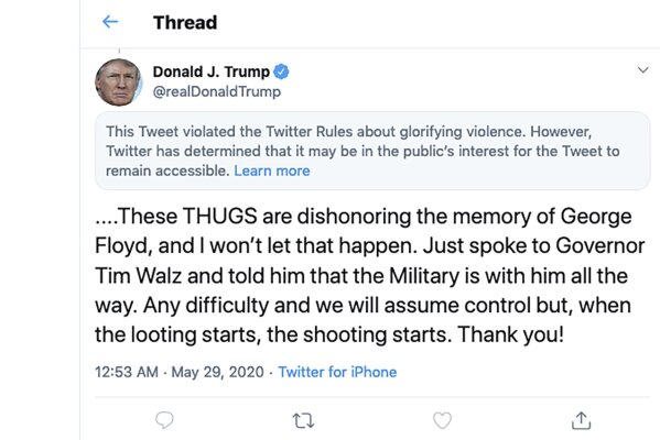 This image from the Twitter account of President Donald Trump shows a tweet he posted on Friday, May 29, 2020, after protesters in Minneapolis torched a police station, capping three days of violent protests over the death of George Floyd, who pleaded for air as a white police officer knelt on his neck. The tweet drew a warning from Twitter for Trump's rhetoric, with the social media giant saying he had “violated the Twitter Rules about glorifying violence.” (Twitter via AP)