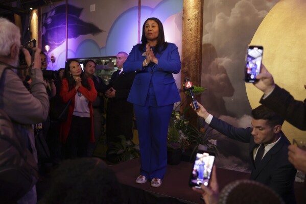 Mayor London Breed speaks during an election night watch party at Little Skillet in San Francisco on Tuesday, Nov. 5, 2024. (Gabrielle Lurie/San Francisco Chronicle via AP)