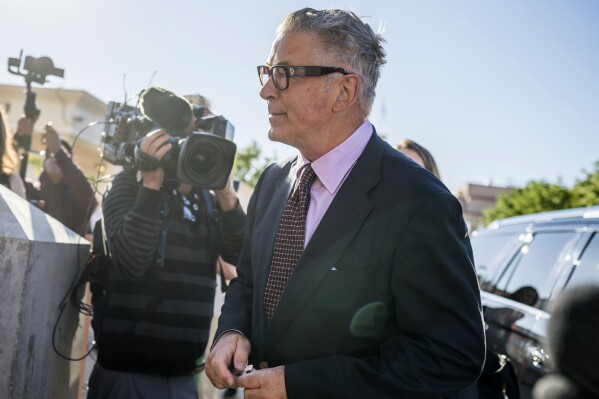 Actor Alec Baldwin arrives to District Court for jury selection in his involuntary manslaughter trial, in Santa Fe, N.M., Wednesday, July 10, 2024. (AP Photo/Roberto E. Rosales)