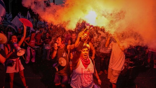 Israelis protest against plans by Prime Minister Benjamin Netanyahu's government to overhaul the judicial system in Tel Aviv, Israel, Saturday, July 15, 2023. (AP Photo/Ariel Schalit)