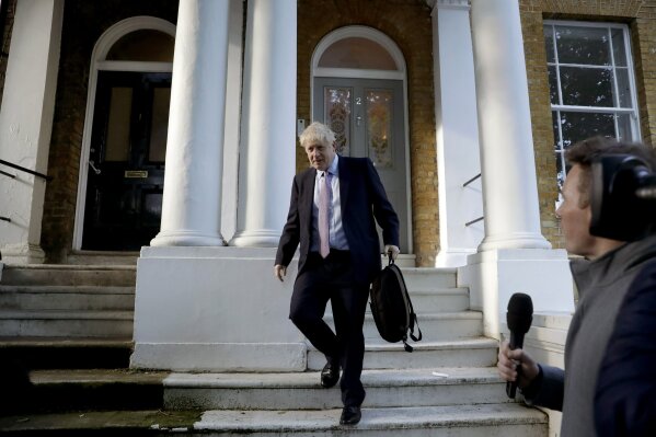 British Conservative party leadership and prime minister contender Boris Johnson leaves home in South London in London, Thursday, June 20, 2019. The race to become Britain's next prime minister is down to the final four on Wednesday, as Johnson stretched his lead among Conservative lawmakers and upstart Rory Stewart was eliminated from the contest. (AP Photo/Matt Dunham)