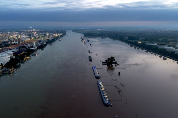 Cargo ships park at the bank of the river Rhine near the BASF chemical plant in Ludwigshafen, Germany, Tuesday, June 4, 2024. The Rhine left its banks after heavy rain falls in southern Germany during the last days. (AP Photo/Michael Probst)