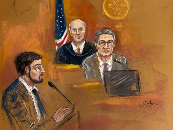 In this courtroom sketch, Judge Kevin Castell, center, presides over the courtroom as former Honduras President Juan Orlando Hernández, right, testifies on Wednesday, March 6, 2024, in New York. Prosecutor Kyle Wirshba is at left. Hernández has been on trial since February in a federal courthouse in Manhattan, accused of taking bribes to protect drug traffickers, even as he portrayed himself publicly as an ally in the U.S. drug war. (Candace E. Eaton via AP)