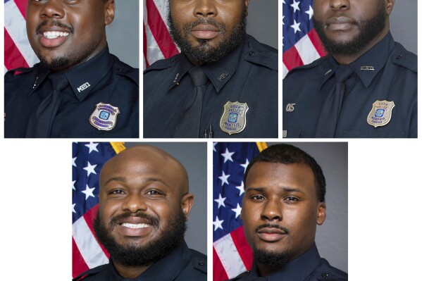 FILE - This combo of images provided by the Memphis, Tenn., Police Department shows, top row from left, officers Tadarrius Bean, Demetrius Haley, Emmitt Martin III, and bottom row from left, Desmond Mills Jr. and Justin Smith. The five former Memphis police officers are now facing federal civil rights charges in the beating death of Tyre Nichols as they continue to fight second-degree murder charges in state courts arising from the killing. They were indicted Tuesday, Sept. 12, 2023, in U.S. District Court in Memphis. (Memphis Police Department via AP, File)