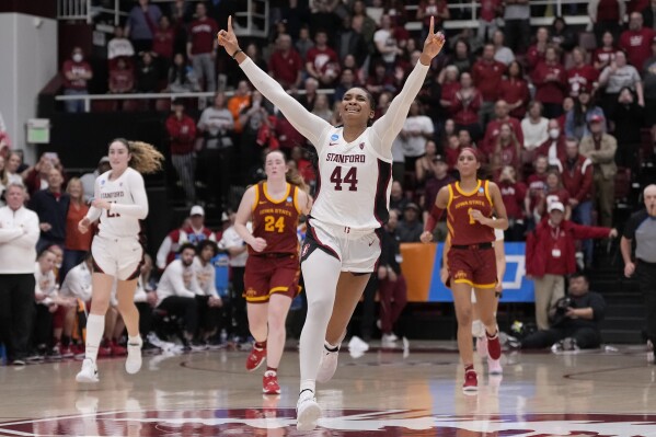 Stanford forward Kiki Iriafen (44) celebrates after Stanford defeated Iowa State in overtime of a second-round college basketball game in the women's NCAA Tournament in Stanford, Calif., Sunday, March 24, 2024. (AP Photo/Jeff Chiu)