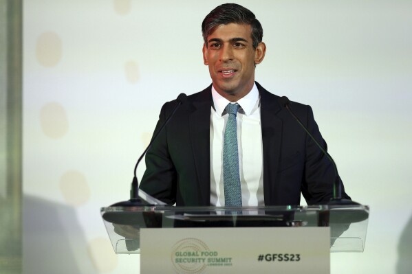 British Prime Minister Rishi Sunak opens the Global Food Security Summit in London, Monday, Nov. 20, 2023. The summit, hosted by the UK in partnership with the UAE, Somalia, the Bill & Melinda Gates Foundation and the Children's Investment Fund, aims to galvanise action to tackle hunger and malnutrition. (Dan Kitwood/PA via AP)
