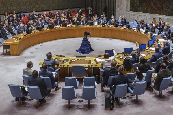United Nations Security Council vote on a draft resolution sanctioning Russia's planned annexation of war occupied Ukraine territory, Friday Sept. 30, 2022 at U.N. headquarters. (AP Photo/Bebeto Matthews)