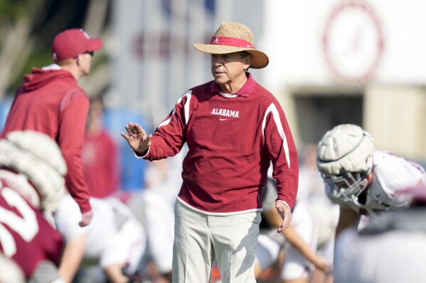 Alabama head coach Nick Saban walks during practice Thursday, Dec. 28, 2023, in Carson, Calif. Alabama is scheduled to play against Michigan on New Year's Day in the Rose Bowl, a semifinal in the College Football Playoff. (AP Photo/Ryan Sun)