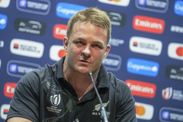 New Zealand's captain Sam Cane attends a media conference in Creteil, outside Paris, Wednesday, Sept. 6, 2023. New Zealand is facing France in the opening of the Rugby World Cup at Stade de France Friday. (AP Photo/Michel Euler)