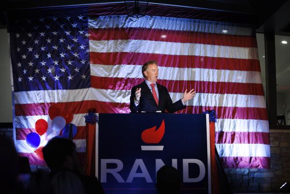 Sen. Rand Paul, R-Ky, gives a victory speech in his run for re-election against Democrat Charles Booker, Tuesday, Nov. 8, 2022, in Bowling Green, Ky. (AP Photo/Michael Clubb)