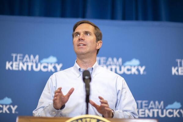Kentucky Gov. Andy Beshear speaks during a news conference after the Kentucky Supreme Court heard oral arguments for two cases challenging the governor's ability to issue emergency declarations, Thursday, June 10, 2021 in Frankfort, Ky. (Ryan C. Hermens/Lexington Herald-Leader via AP, Pool)