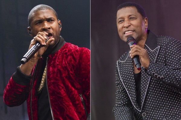 This combination of photos shows Usher performing at Power 105.1's Powerhouse 2016 at Barclays Center in New York on Oct. 27, 2016, left, and Kenneth "Babyface" Edmonds performing during the Bourbon and Beyond Music Festival in Louisville, Ky., on Sept. 17, 2023. Both Usher and Edmonds will be honored at The Apollo’s Spring Benefit on Tuesday. (AP Photo)