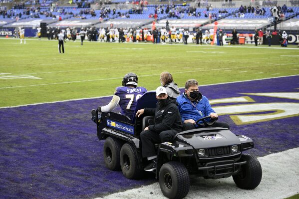 Baltimore Ravens offensive tackle Ronnie Stanley is carted off the field during the first half of an NFL football game against the Pittsburgh Steelers, Sunday, Nov. 1, 2020, in Baltimore. (AP Photo/Nick Wass)