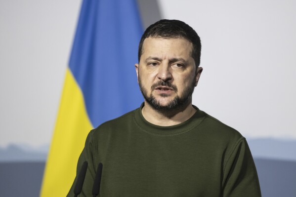 Volodymyr Zelenskyy, President of Ukraine, attends a joint press conference with Swiss Federal President Viola Amherd after a meeting in Kehrsatz near Bern, Switzerland, Monday, Jan. 15, 2024. Zelenskyy will attend the World Economic Forum in Davos starting Tuesday. (Alessandro della Valle/Keystone via AP, Pool)