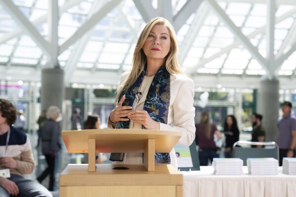 This image released by Disney shows Ellen Pompeo in a scene from "Good American Family." (Ser Baffo/Disney via AP)