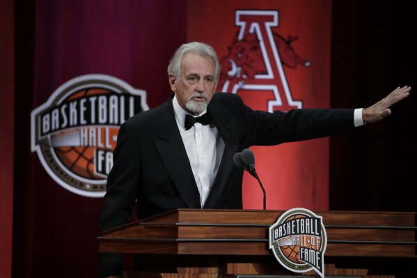 FILE - In this Sept. 6, 2019 file photo, inductee Paul Westphal speaks at the Basketball Hall of Fame enshrinement ceremony in Springfield, Mass.  Westphal, the Hall of Fame basketball player has died. The Phoenix Suns confirmed his death Saturday, Jan. 2, 2021. (AP Photo/Elise Amendola, File)
