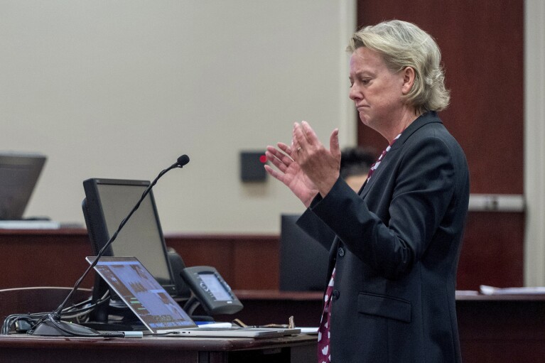 Special prosecutor Kari Morrissey talks about evidence not turned over to the defense during actor Alec Baldwin's trial for involuntary manslaughter for the 2021 fatal shooting of cinematographer Halyna Hutchins during filming of the Western movie "Rust," Friday, July 12, 2024, in Santa Fe, N.M. (Eddie Moore/The Albuquerque Journal via AP, Pool)