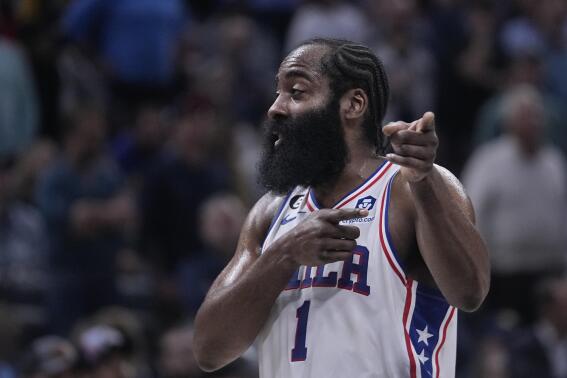 Philadelphia 76ers' James Harden reacts during the second half of an NBA basketball game against the Indiana Pacers, Monday, March 6, 2023, in Indianapolis. (AP Photo/Darron Cummings)