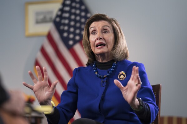 Former House Speaker Nancy Pelosi, D-Calif., talks to The Associated Press about her visit to Ukraine a year ago and her time as the Democratic leader in the House, at the Capitol in Washington, Wednesday, April 19, 2023. (AP Photo/J. Scott Applewhite)