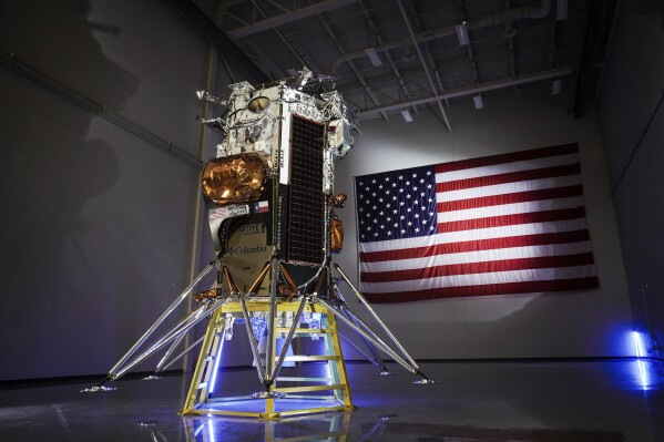 This photo provided by Intuitive Machines shows the company's IM-1 Nova-C lunar lander in Houston in October 2023. The company aims to launch the lander in mid-February 2024, on a SpaceX rocket. (Intuitive Machines via AP)