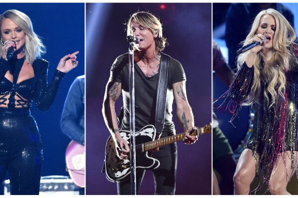 This combination photo shows country music stars, from left, Miranda Lambert, Keith Urban and Carrie Underwood, who are among  23 performers that will be featured in “ACM Presents: Our Country,” an at-home country music special that is airing on CBS on April 5, in lieu of their delayed Academy of Country Music awards show. (AP Photo)