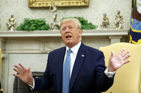 President Donald Trump speaks during a meeting with Pakistani Prime Minister Imran Khan in the Oval Office of the White House, Monday, July 22, 2019, in Washington. (AP Photo/Alex Brandon)
