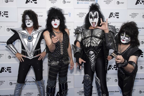 FILE - Members of the band Kiss, from left, Tommy Thayer, Paul Stanley, Gene Simmons and Eric Singer attend the premiere of A&E Network's "Biography: KISStory" during the 20th Tribeca Festival in New York on June 11, 2021. The band's final two shows are scheduled for Dec. 1 and 2 at Madison Square Garden in New York. (Photo by Charles Sykes/Invision/AP, File)
