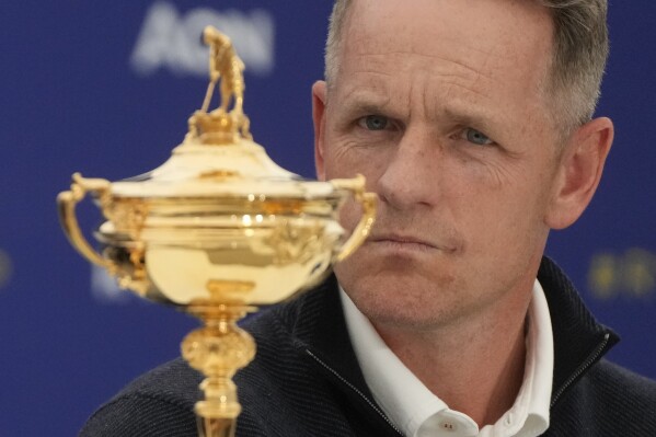 Europe's Captain Luke Donald attends at a press conference at the Marco Simone Golf Club in Guidonia Montecelio, Monday, Sept. 25, 2023. The Marco Simone Club on the outskirts of Rome will host the 44th edition of The Ryder Cup, the biennial competition between Europe and the United States headed to Italy for the first time. (AP Photo/Gregorio Borgia)